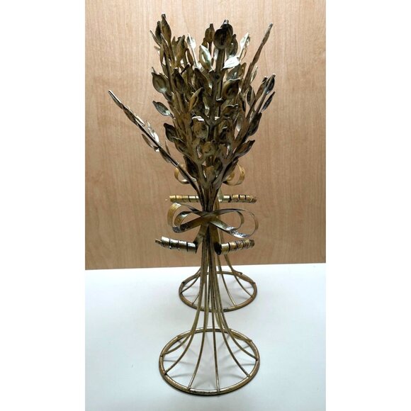Vintage Gold Metal Candle Holders Set Of 2 - Wheat Design Floral Motif With Bow - Picture 9 of 9